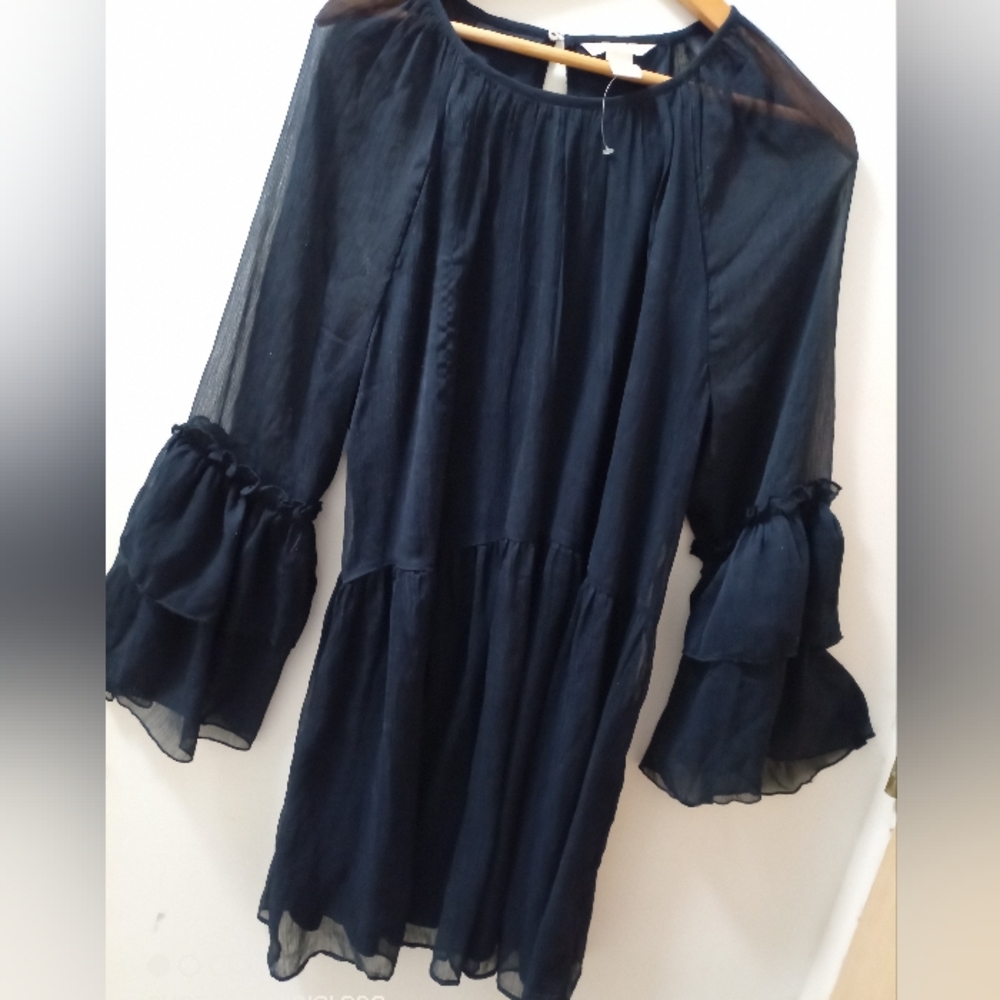 H&M Dark Blue Long Bell Statement Sleeve Flowy Layered Top Size US 14